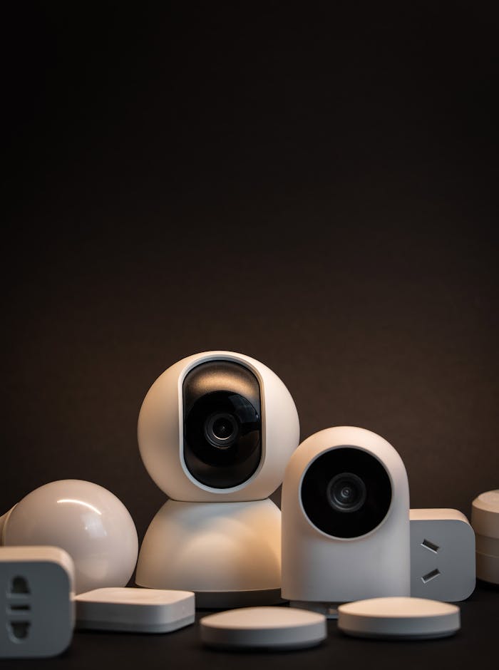 about-01 Close-up of modern white security cameras and smart home devices with dark background.