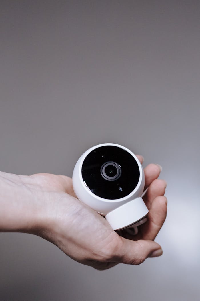 services-01 Smart home security camera held in a hand, showcasing modern technology in a minimalist style.